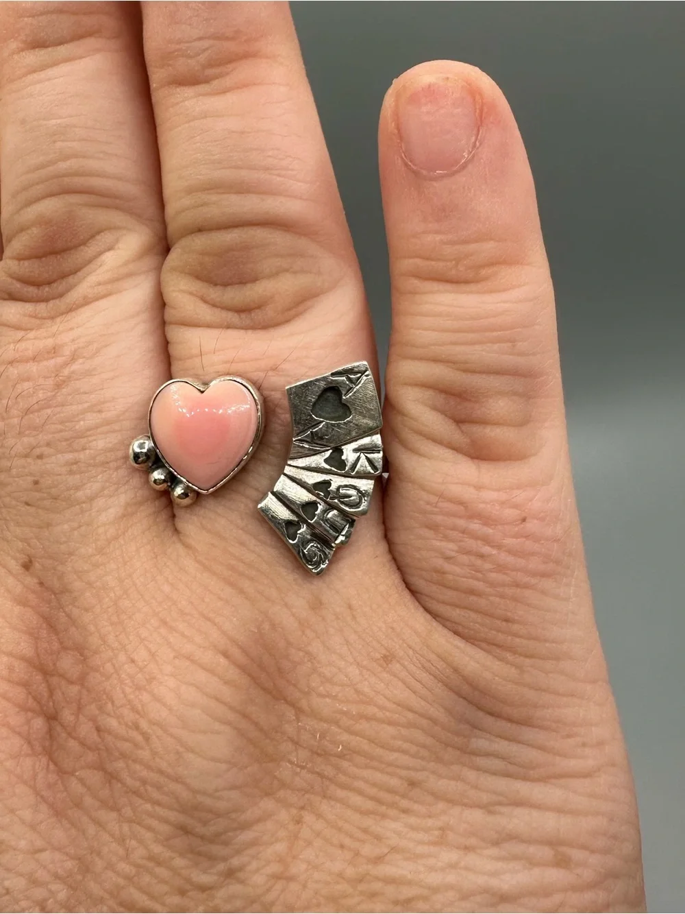 Pink Conch Sterling Silver 925 Adjustable Poker Cards Heart Ring Handmade